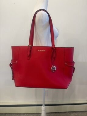 MICHAEL Michael Kors Bright Red Leather Tote with MK Charm